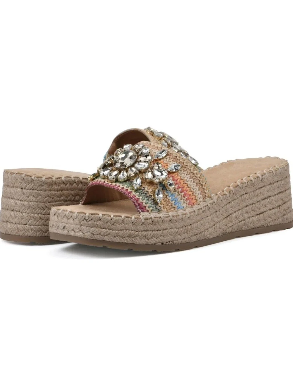 White‎ Mountain Bejeweled Rainbow Raffia Espadrille Wedge Slide Sandals Size 9.5